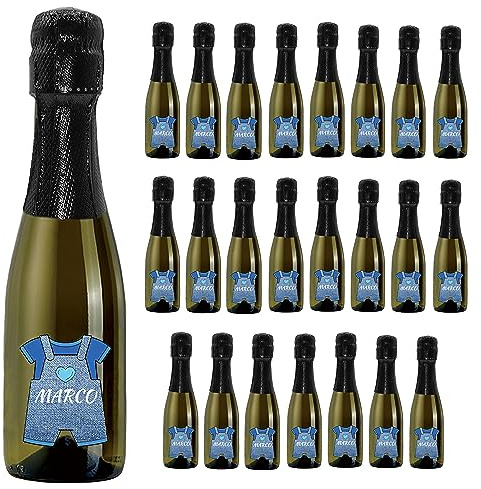 24 Bottiglie mignon di Prosecco DOC Spumante Extra Dry Personalizzato - Idea esclusiva e originale per bomboniere di battesimo (Salopette bimbo)