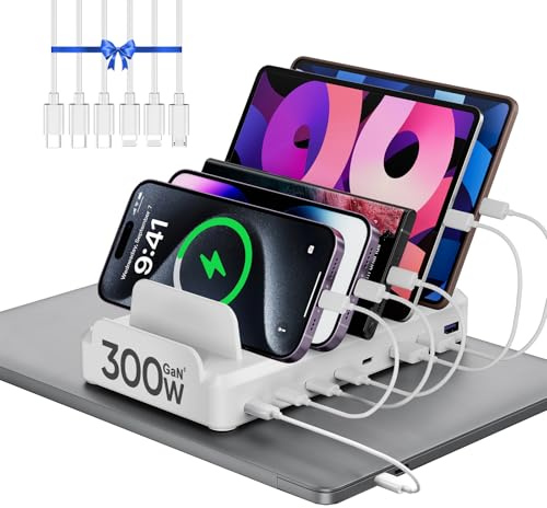 300W Charging Station for Multiple Devices, 8 Port Multi USB C Fast Charger Station Dock for MacBook iPhone 17/16/15/14/13/12 Samsung Pixel Series iPad, White (6 Mixed Short Cables Included)