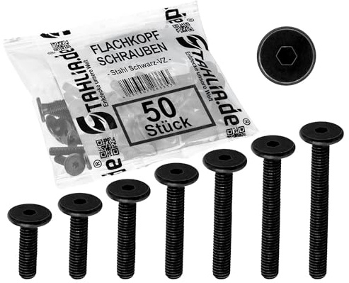 Stahlia Flachkopfschrauben M6 x 25mm Stahl Rundkopfschrauben Innensechskant (50 Stück) Schwarz Möbelverbinder Möbelschrauben Verbindungsschrauben