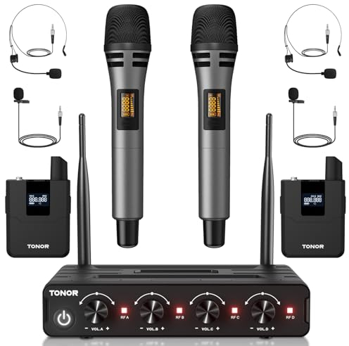 TONOR UHF Mikrofon Kabellos Set mit Handmikrofon/Bodypack Transmitter/Headset Funkmikrofon/Lavalier Wireless Microphone, 4x5 Frequenzen 60m Reichweite für Gesang Karaoke PA System Lautsprecher TW362