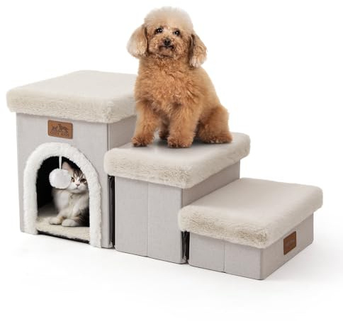 COZY KISS Dog Stairs for Small Dog with Storage or Condo, Foldable Pet Step with Leakproof Cover, Older Cat Steps for Bed Couch Sofa, Stable, Comfort, Up to 180 Lbs, 13x27x14 inch, 3 Tiers, Beige