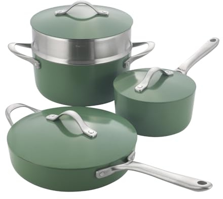 ProCook Soho Green Pan Set with Stainless Steel Handles Non Stick Induction & Oven Safe Stylish Modern Cookware Set 4 Piece, 18/24/26 cm, 2.1/3/4.8 L