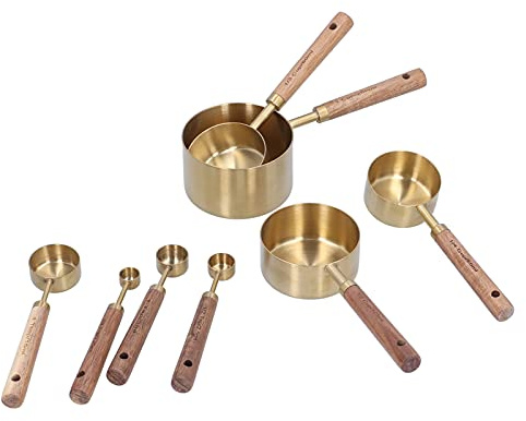 Lot de 8 cuillères doseuses en acier inoxydable, cuillère doseuse avec manche longue en bois, tasse ronde pour la cuisson au four