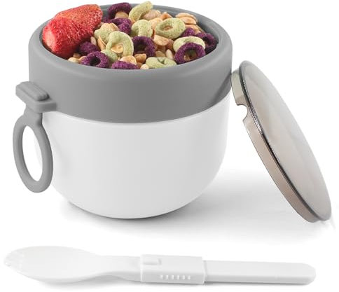 HUAERSICO Tazza da Colazione Portatile con Cucchiaio Pieghevole, Tazza Portatile da 600 ml per Macedonia di Frutta, Ideale per la Colazione e Gli Spuntini dei Bambini, Ciotola di Porridge (Bianco)
