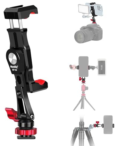 Manbily SP-09 Handy Halter Metall Telefonclip für Stativ, Smartphone Halterung für Kamera mit 3 Kaltschuh, Hot Shoe, 1/4 Aluminium, 360° drehbare DSLR Geeignet für iPhone Fülllicht, Vlog Video