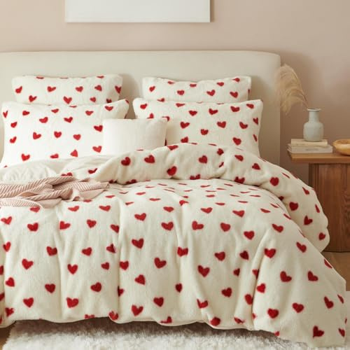 Freyamy Winter Bettwäsche 135x200 Herz Rot Weiß Kunstpelz Flauschige Winterbettwäsche Flanell Samt Biber Warm Bettbezug plüsch ÖKO-TEX Deckenbezug mit Reißverschluss und 1 Kissenbezug 80x80cm