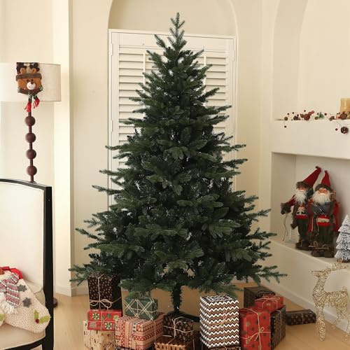 HOMCOM 6ft Artificial Spurce Christmas Tree with 1696 Branch Tips and Foldable Steel Base, Realistic Hinged Xmas Tree for Home Office, Green