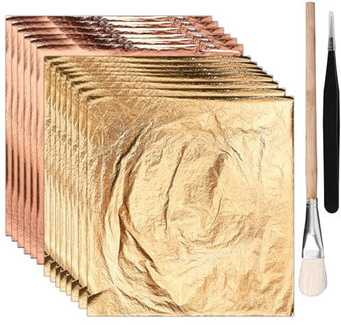 100pcs Gold Leaf Sheets for Art & Gilding Crafting, 5.5x5.5 Imitation Gold Foil Paper with Tweezers & Brush for DIY Projects Painting Nails Furniture Picture Frames Decor (Gold & Rose Gold)