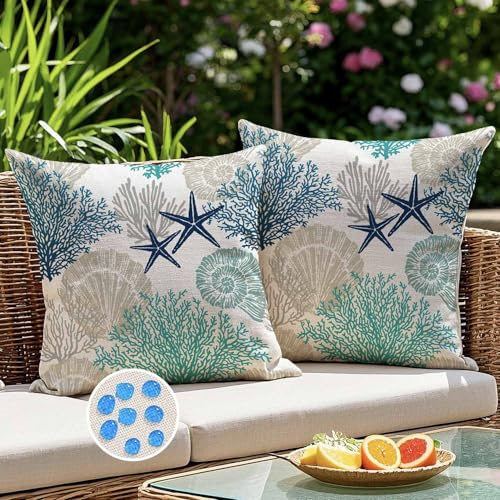 Kiatuniya Kissenbezug Outdoor Kissen Wetterfest Gartenkissen Wasserfest Seestern Algen Sofakissen 40x40 cm Türkis Kissenhülle Dekorative für Gartenbett Couch Terrasse Stuhlkissen Balkon 2er Set