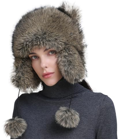 WUODHTW Faur-Fellmütze für Damen, niedlicher Waschbärschwanz-Hut, Uschanka, Trappermütze, Mütze, Totenkopfmütze, Eimerhut, Ohrenschutz, Lei-Feng-Hut
