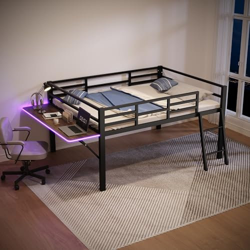 Generisch Flachbett 140x200 cm, Metallbett mit Geländer, Leiter, klappbarem Schreibtisch, LED-Ambiente-Beleuchtung, ohne Matratze, schwarz, für sicheren und komfortablen Schlaf.