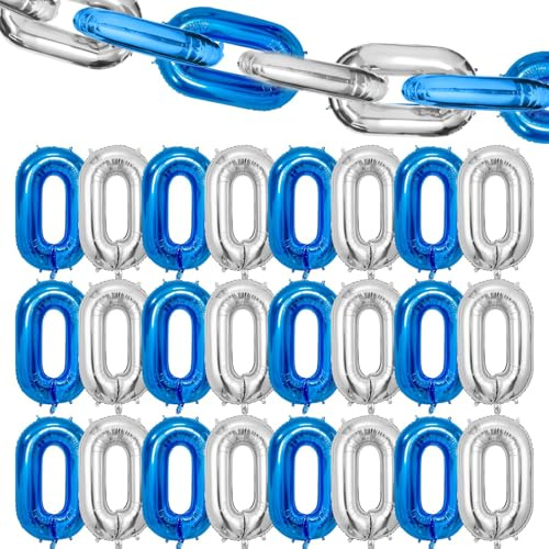 Blue Silver Chain Balloons, 24PCS Giant Chain Foil Balloons Garland for 80s 90s Hip Hop Party Decorations, 16 Inch Link Balloon for Retro Theme Birthdays Graduations Weddings Arch Supplies