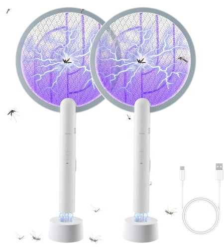 Matamoscas eléctrico de 3000 V, raqueta recargable de 1200 mAh, mosquitos eléctricos de mano, doble modo, con luz morada para interiores y exteriores, paquete de 2