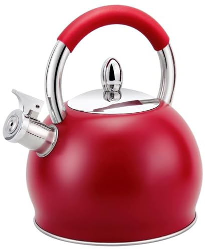 Bouilloires à thé rouges, bouilloire sifflante for cuisinière, théière en acier inoxydable avec poignée ergonomique Cool Touch for induction, cuisinière à gaz ou cuisinière électrique