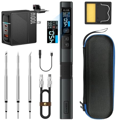 Intelligenter Lötkolben HS-02B Set,Soldering Iron IPS Hochauflösungs Farbdisplay 2 Sekunden Schnellaufheizung Esd-Schutz Mit 3 Lötspitzen Multifunktional Soldering Kit DC 9-24V