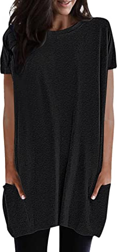Maglietta lunga da donna, casual, per leggings, a maniche corte, estiva, oversize, scollo rotondo, con tasche, tinta unita, a tunica, casual, elegante felpa