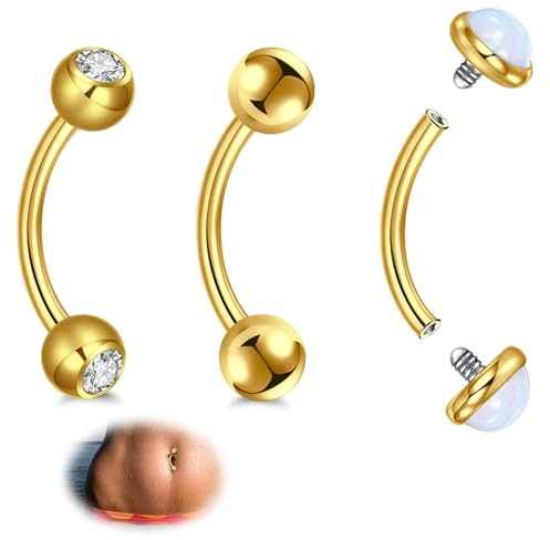 AVYRING 3 delar 14 g rostfritt stål navelstänger för kvinnor, navelpiercing smycken med kristall och opal, guld/silver, 6 mm/8 mm/10 mm/12 mm stånglängd – allergivänliga, gängade kuländar, 8mm
