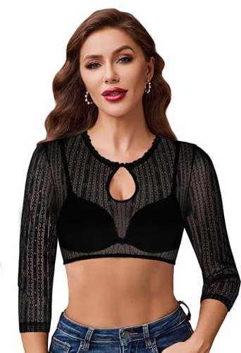 Zeagoo Dirndlblusen Damen Schwarz Spitze Dirndl Bluse 3/4 Ärmel Rundhals Trachtenbluse für Oktoberfest Bluse für Dirndl Elegante Blusen in Bayrischer Tracht S