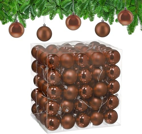 Relaxdays Palline di Natale, Set 100 Palle Albero, Addobbi Natalizi, ∅ 6 cm, Sfere in Plastica Opaca e Lucida, Marrone