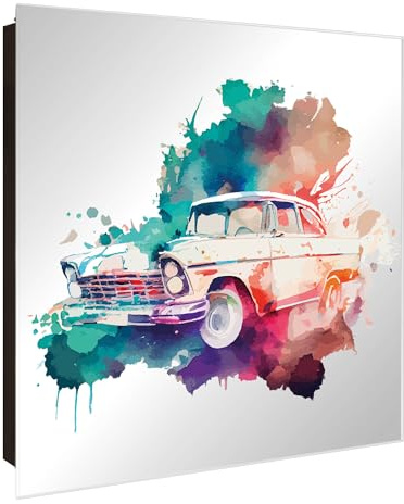 banjado Schlüsselkasten mit Spiegelfront - Schlüsselbox 30cm x 30cm mit 50 Haken - Korpus schwarz Scharnier rechts -Schlüsselkasten modern für Schlüsselaufbewahrung - Motiv Retro-Auto in Aquarell