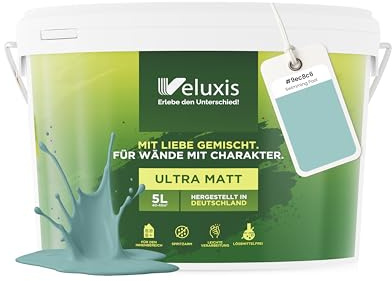Veluxis Wandfarbe Türkis Blau Mintgrün Matt Innenfarbe – Deckkraft Klasse 1, VOC-frei, Ohne Grundierung, Tropfarm – Wohnzimmer & Schlafzimmer – 5L (Swimming Pool)