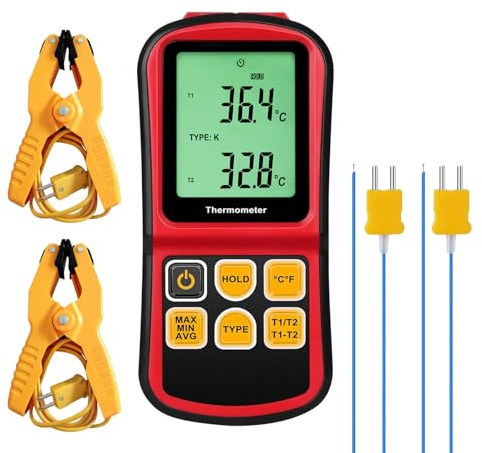 Dual-Channel Thermocouple Thermometer, Type K/J/T/E/R/S/N, -150~1767°C (-238~3212°F) Digital Temperature Meter Backlight, Data Hold, 2 x K-Type Probes & 2 x Pipe Clamp Sensors for HVAC, Industrial