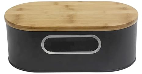 XIEHYA Boîte à Pain En Métal Boîte à pain for comptoir de cuisine, petit récipient rangement avec couvercle en bois, organisateur moderne for le au levain(Black)
