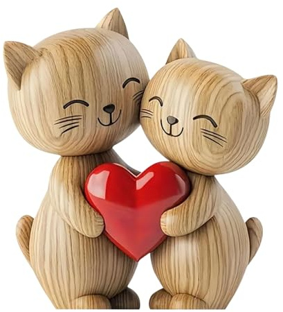 LunarCharm Escultura de Madera de Pareja de Gatos – Decoración de Escritorio Plano 2D con Corazón Compartido, Decoración de Gatos, Decoración para Casa y Oficina, Amantes de los