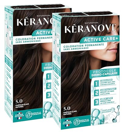 KERANOVE - Coloration Permanente Dermo-Capillaire Sans Ammoniaque - Odeur douce - Kératine végétale et Prébiotiques - 5.0 Châtain Clair Naturel - x2