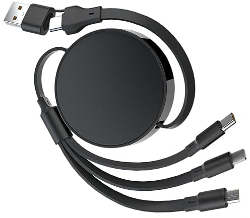 ZAYIO 5-in-1 Retractable Multi Charger Cable 100W, Multi USB A/C Fast Charger Cord with Type-C and Micro USB Ports, Compact Portable Charging Cable Compatible with Phones, Tablets, Laptops, Black