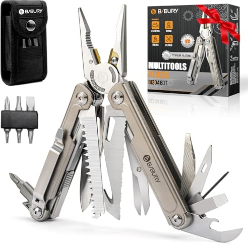 BIBURY 24-in-1 Titanium Multitool Pliers, 8.7oz Ultra-Light EDC Pocket Tool with Sheath & Belt Clip, Aerospace-Grade Titanium Handle for Camping, Hiking, DIY, Gift for Men - 2048DT