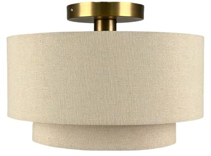 Relaxdays Taklampa i linne och metall, E27, vardagsrum och sovrum, beige/brons, 24 x 35 cm