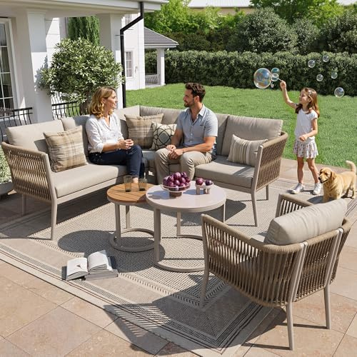 BEJUDYTT Gartenlounge-Set für 5-6 Personen,Großes Outdoor Sofa Set, 6-teiliges PE-Rattan Sitzgruppe mit wasserfester Sitzbank und Kissenset, Modulares Ecksofa Set für Terrasse Balkon (Beige)