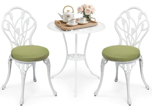 Bonnlo Bistro Set,Bistrotisch mit 2 stühlen &2 Kissen,Gartenmöbel Set aus Gussaluminium,abnehmbar&Wetterfest,für Garten,Balkon,Terrasse und Indoor (Weiß und Grün)