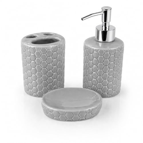 NARCISO Set Bagno Accessori Completo 3 Pezzi in Ceramica, Set Bagno Porta Sapone e Spazzolini con Portasaponetta, Kit Completo Funzionale e Decorativo (Alveare, Grigio)