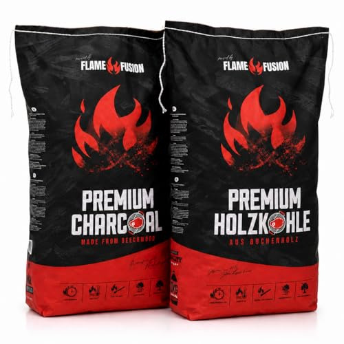 FlameFusion premium grillkol 20 kg av bok i restaurangkvalitet - 2 säckar (2x 10 kg) grillkol bok stora bitar lång brinntid hög värme för BBQ och kolgrill