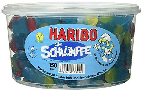 Haribo Schlümpfe in Runddose, 1.35 kg Dose, 150 Schlümpfe für alle Liebhaber der kleinen Bewohner aus Schlumpfhausen mit Geschmacksrichtung Erdbeere und Himbeere