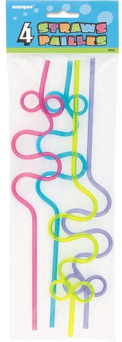 Unique Assorted Color Plastic Squiggle Straws (30cm) Pack of 4 - Fun Bendy Straws for Parties & Everyday Use, 12''
