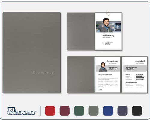 5 Stück 3-teilige Bewerbungsmappen BL-exclusivdruck® OPTIMA in Steingrau - Premium-Qualität mit edler Relief-Prägung 'Bewerbung' - Produkt-Design von 'Mario Lemani'