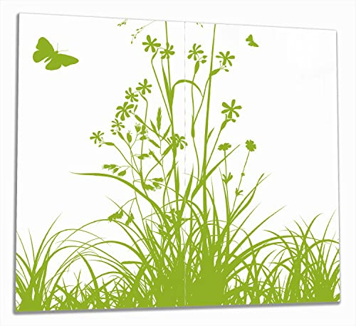 Wallario Herdabdeckplatte/Spritzschutz aus Glas, 2-teilig, 60x52cm, für Ceran- und Induktionsherde, Grüne Sommerwiese