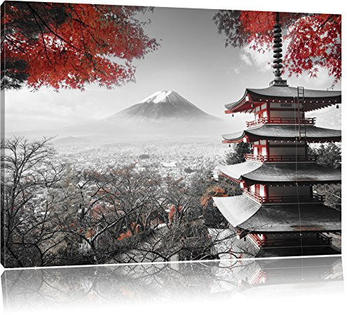 Pixxprint Japanischer Tempel im Herbst Schwarz, B&W, Größe: 80x60cm, Leinwandbild, fertig gespannt, Wandbild, Dekoration, Kunstdruck, kein Poster