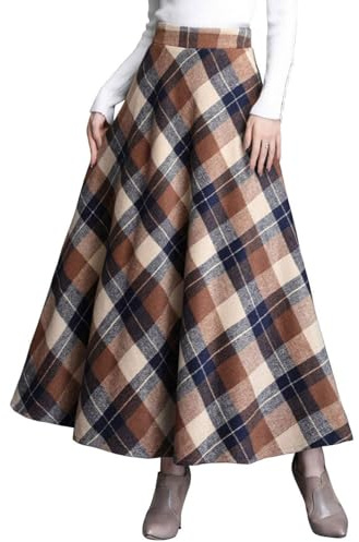 ebossy - Gonna Lunga da Donna, Stile Vintage, a Vita Alta, in Misto Lana, con Tasca - Beige - M