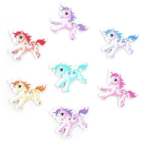 20 Stück schöne Holzknöpfe Einhorn Bunt Zufällige Mischung, 30x31mm, 2 Löcher bunte Bastelknöpfe Tierknöpfe Knöpfe zum annähen nähen basteln Einhörner DIY