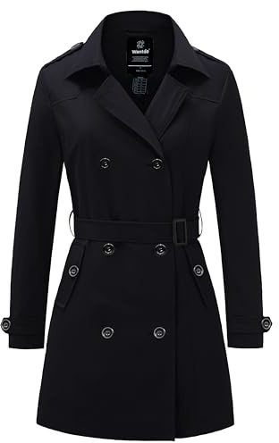Wantdo Trench da Donna Cappotto Slim Fit Doppiopetto Antivento Trench Elegante Impermeabile Lungo Giubotto con Cintura Nero M