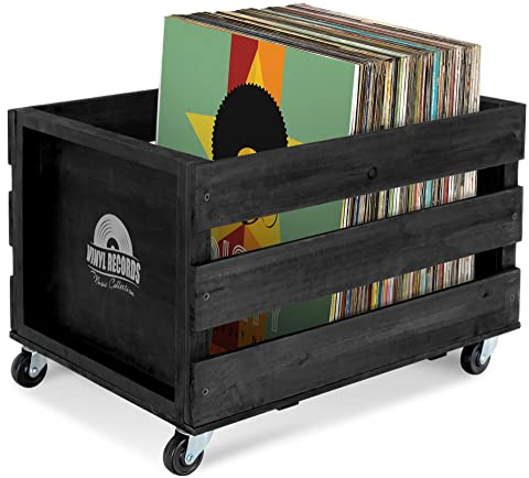 Stagecaptain SPK-100 BK Schallplattenkiste “Emil” - Aufbewahrungsbox für bis zu 100 LPs - aus Vollholz im Retro-Design - 4 lenkbare Rollen - auch für vieles andere bis 25 kg verwendbar - Schwarz