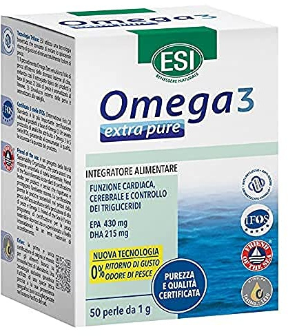 ESI, Omega 3 IFOS Extra Pure, Integratore Alimentare di Olio di Pesce Concentrato con Vitamina E, Contribuisce ai Normali Livelli di Trigliceridi e alla Funzione Cardiaca, Senza Glutine, 50 Perle