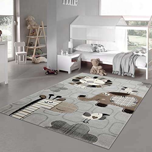 Kinderzimmer Teppich Spielteppich Zootiere Löwe Elefant Vögel Giraffe grau braun Creme, Größe 120x170 cm