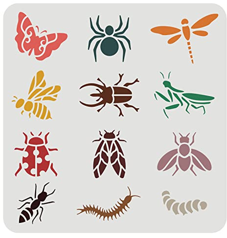 FINGERINSPIRE Schmetterling Libelle Schablone 30x30cm - 12 Tiermotive - Wiederverwendbar für Wandkunst, Holzschild, Möbeldekoration