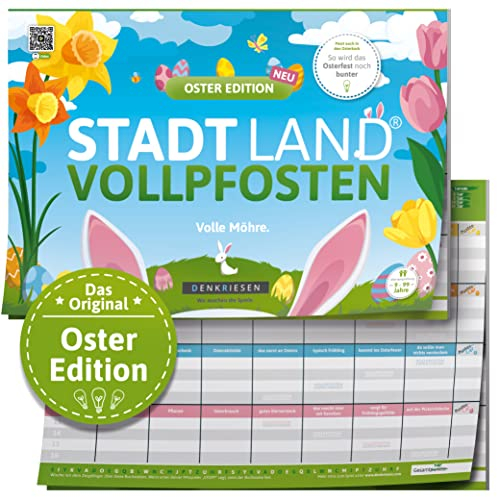 DENKRIESEN - Stadt Land VOLLPFOSTEN® - Oster Edition - 'Volle Möhre.' - DIN A4 Spielblock | ab 9 Jahren | 50 Blatt | Familienspiel | Ostergeschenk für Kinder & Erwachsene | Spaß vorprogrammiert