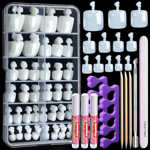 120pcs Natural False Toe Nails Tip with Nail Glue Set, Teenitor Full Cover Acrylic Fake Toenail Tips with Cuticle Pusher & 100/180 Grit Nail File for Women Girl